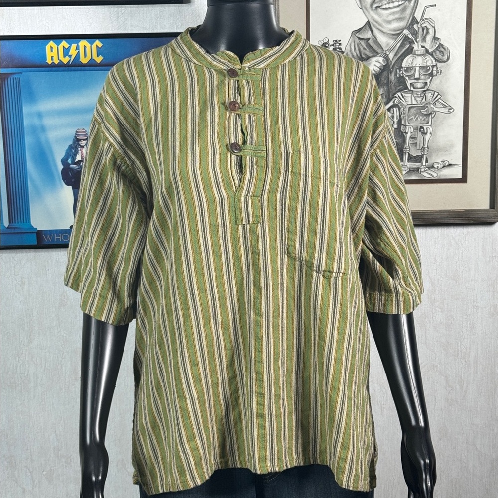 Namaste Green Striped Cotton Pullover Shirt XL – Made in Nepal, Boho